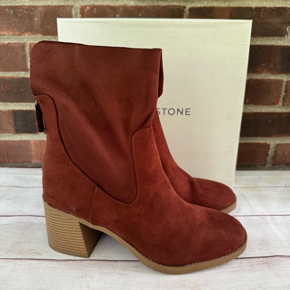 Sun + Stone Lyraaf Maroon Block Heel Ankle Boots Women’s US 11 M NEW